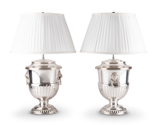 A pair of silver plated old sheffield urn-form lamps