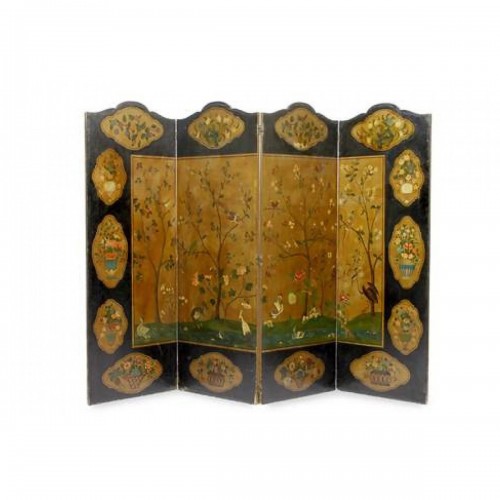 An old painted canvas 4 fold screen, India 18e siècle