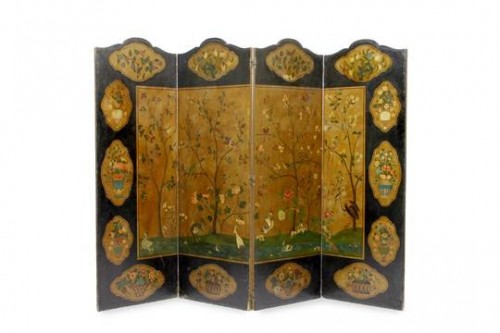 Furniture  - An old painted canvas 4 fold screen, India 18e siècle