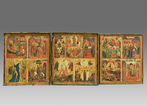 triptych descent into hell and resurrection with the 12 solemnities of the  - Religious Antiques Style 