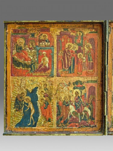 Religious Antiques  - triptych descent into hell and resurrection with the 12 solemnities of the 