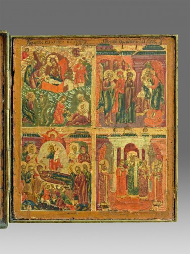 XVIIe siècle - Triptyque descente aux enfers et résurrection avec les 12 solennités de l'église orth