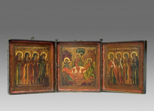 Antiquités - Icône Triptyche de voyage ers 1680, Russie Monastère de Neviansk