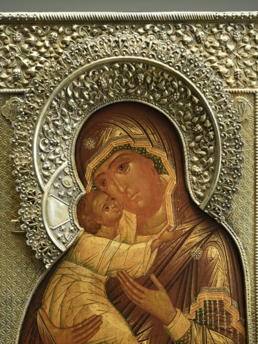 Icône Vladimirskaja avec riza dore vermeil - Art sacré, objets religieux Style Napoléon III