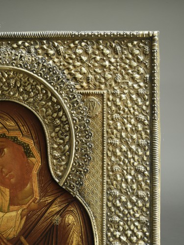 Art sacré, objets religieux  - Icône Vladimirskaja avec riza dore vermeil