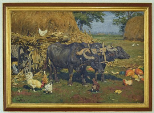 Vastagh Géza (1866-1919)  - Chariot tire par deux buffles  - Tableaux et dessins Style 