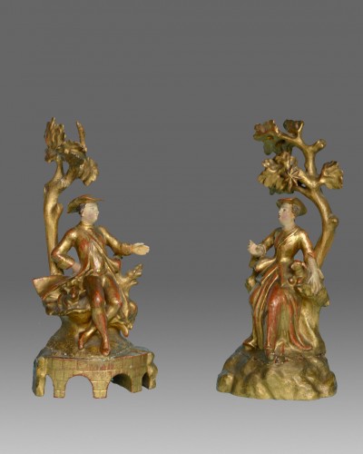 Antiquités - Paire de sculptures en bois polychrome XVIIIe siècle