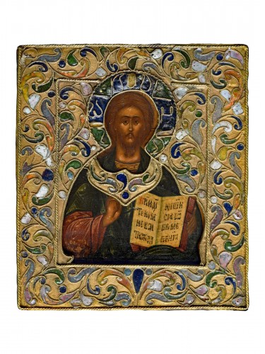 Icône Christ le Pantokrator avec riza et émail cloisonné Moscou 1670-1700