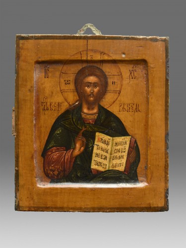 Icône Christ le Pantokrator avec riza et émail cloisonné Moscou 1670-1700 - Art sacré, objets religieux Style Louis XIV