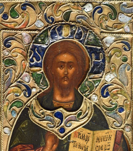 Art sacré, objets religieux  - Icône Christ le Pantokrator avec riza et émail cloisonné Moscou 1670-1700