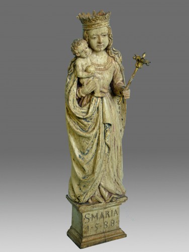 Vierge à l'Enfant, Italie daté de 1588 - Sculpture Style Moyen Âge