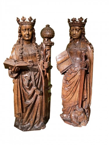 Sainte Catherine et Sainte Barbe en chêne du XVe siècle