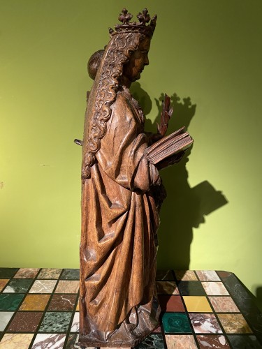 Sainte Catherine et Sainte Barbe en chêne du XVe siècle - Sculpture Style Renaissance