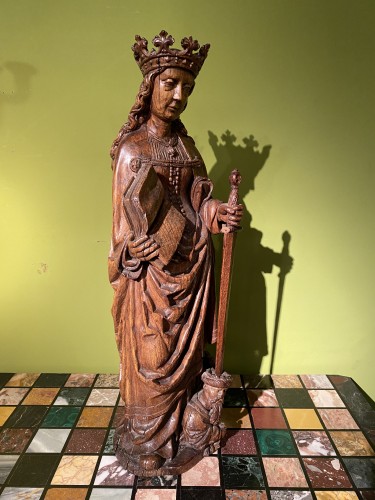 Antiquités - Sainte Catherine et Sainte Barbe en chêne du XVe siècle