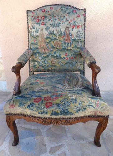 Fauteuil Régence, tapisserie d’époque au gros et petit point - Sièges Style Régence