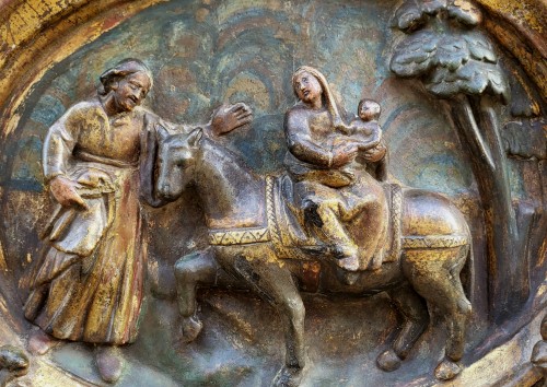 Panneau de bois sculpté, La fuite en Egypte fin 17e - Art sacré, objets religieux Style 