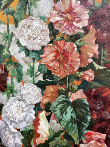 Tableaux et dessins  - Roses trémières - Fouji et datée 1896