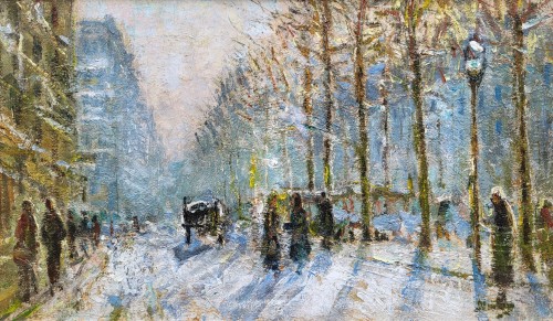 Paris les boulevards sous la neige - Eugène Montézin (1874-1946) - Tableaux et dessins Style 
