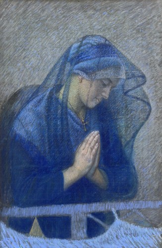 Pastel, “Mother Praying at the Cradle” by Joseph Bernard ARTIGUE  - Paintings & Drawings Style 