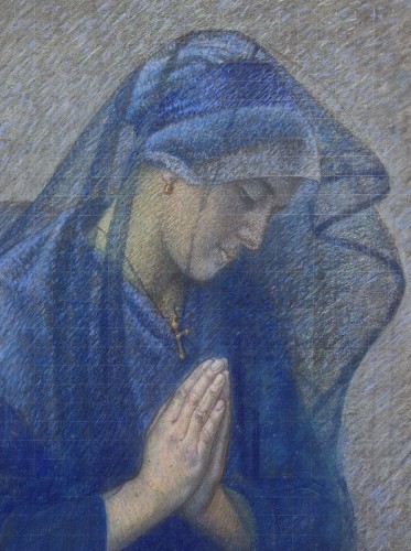 20th century - Pastel, “Mother Praying at the Cradle” by Joseph Bernard ARTIGUE 