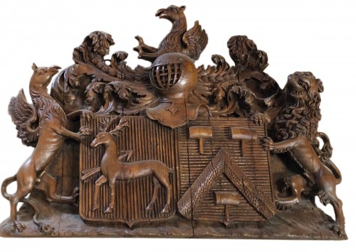 17th century carved oak coat of arms