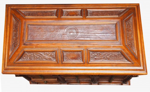 Furniture  - Italian cabinet in walnut and embossed leather, 19th cnetury