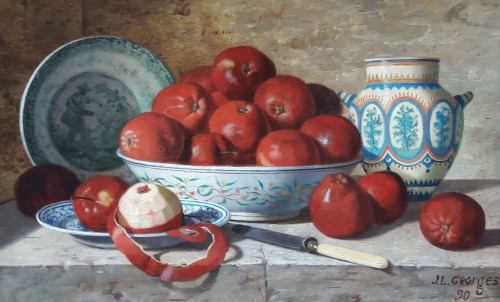 Nature mortes aux pommes et faïences - Jean-Louis GEORGES (?-1893) - Tableaux et dessins Style 