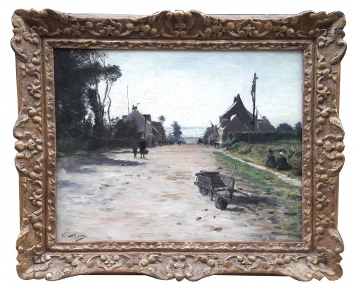 Rue animée à Neuville les Dieppe - Emile Louis MATHON (1842 - 1893) - Tableaux et dessins Style 
