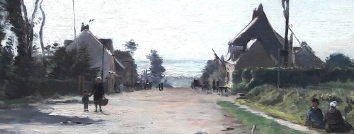 Tableaux et dessins Tableaux XIXe siècle - Rue animée à Neuville les Dieppe - Emile Louis MATHON (1842 - 1893)