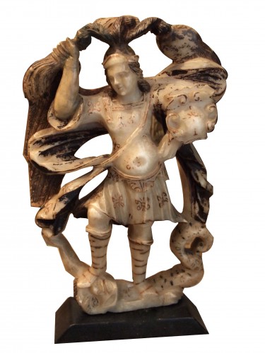 Saint Michael slaying the dragon, alabaster, 17th century