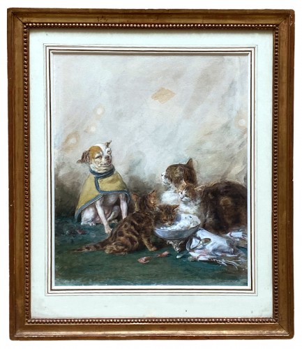  Chats et chiens jouant - Louis Eugène LAMBERT  (1825-900) - Tableaux et dessins Style 