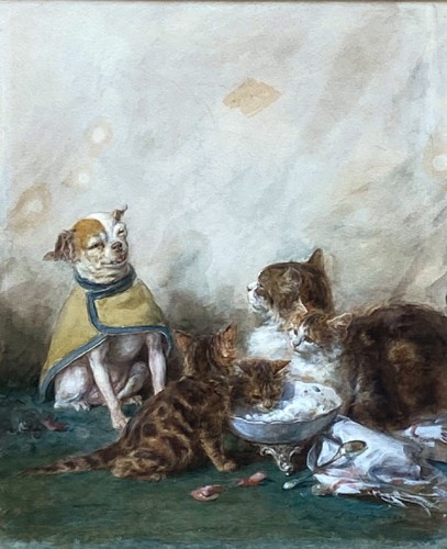 Tableaux et dessins Dessin, Aquarelle & Pastel -  Chats et chiens jouant - Louis Eugène LAMBERT  (1825-900)