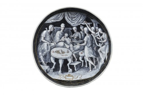 Coupe ronde en émail peint - Le Festin de Didon et Énée Limoges 1540-1560