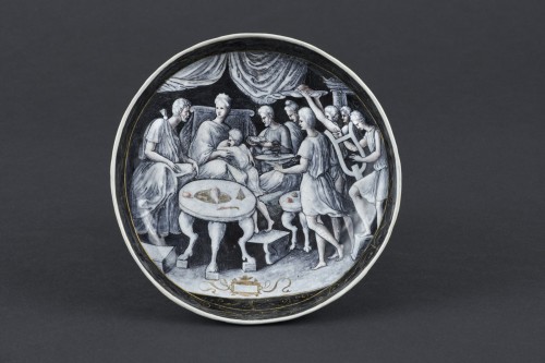 XVIe siècle et avant - Coupe ronde en émail peint - Le Festin de Didon et Énée Limoges 1540-1560