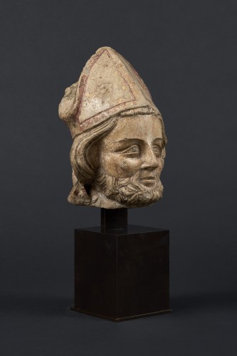Sculpture  - Gothic Bishop&#039;s Head - Burgundy, Early 14th Century