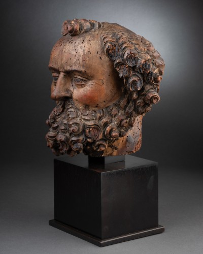 Tête de saint Pierre - Bois polychrome, Rhin Supérieur début du XVIe siècle - Sculpture Style Moyen Âge