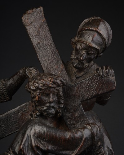 Portement de croix en chêne, Flandres début du XVIe siècle - Sculpture Style Moyen Âge