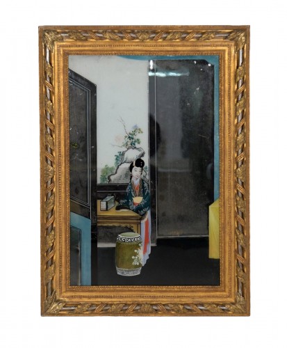 Peinture chinoise sous verre sur fond de miroir