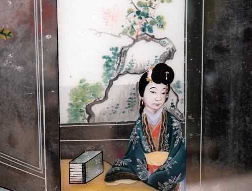 Peinture chinoise sous verre sur fond de miroir - Objet de décoration Style 