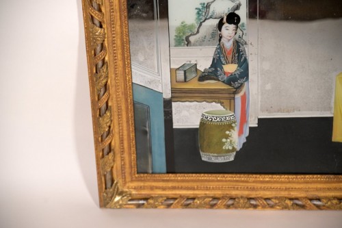 Objet de décoration  - Peinture chinoise sous verre sur fond de miroir