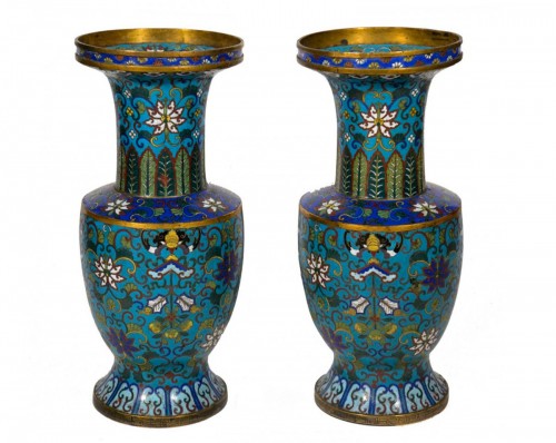 Paire de vases en bronze cloisonné 19e siècle montés en lampes