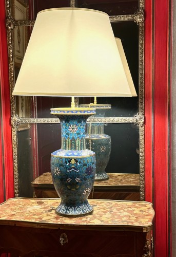 Asian Works of Art  - A pair of 19th century cloisonné bronze vases mounted as lamps