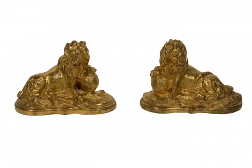 A pair of French 19th century  gilt bronze lions 