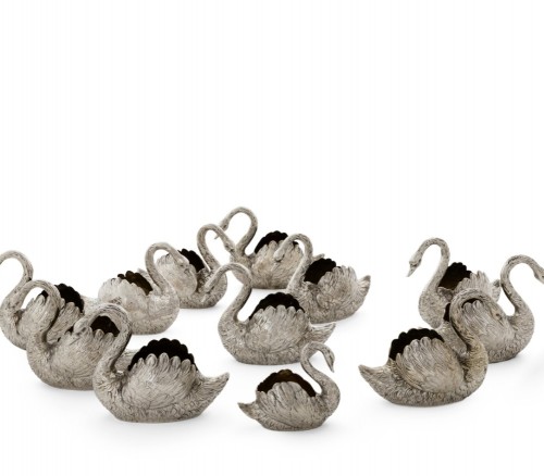 A set of twelve silver and silver gilt swans - 