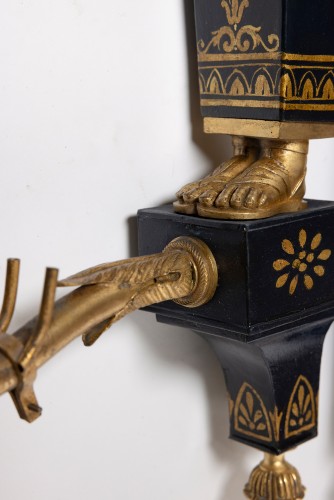 Antiquités - Paire de grandes appliques à quinquet en tôle Empire