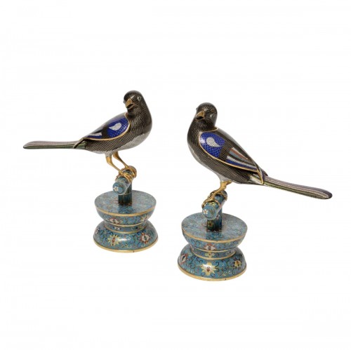 Paire de grands oiseaux en cloisonné chinois