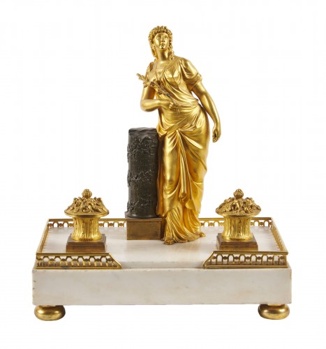 A Directoire gilt bronze and white marble inkwell