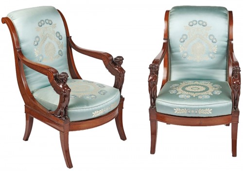 A pair of French Empire mahogany armchairs with winged sphinxes