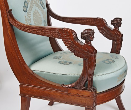 Seating  - A pair of French Empire mahogany armchairs with winged sphinxes