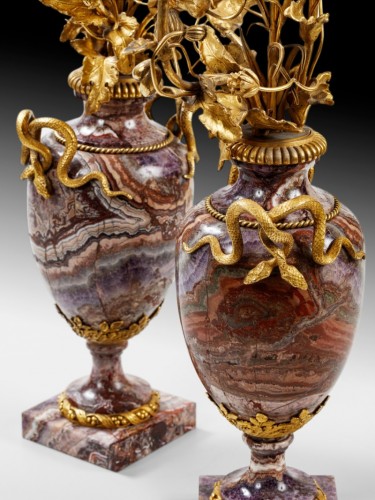 Decorative Objects  - A pair of French bluejohn vases mounted as candelabra circa 1830